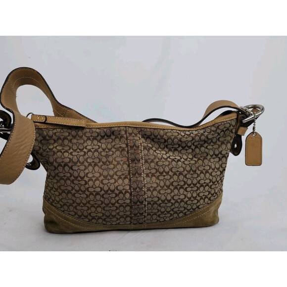 Coach Signature C Jacquard Suede Hobo Shoulder Bag Purse Tan Brown F10945 - Picture 3 of 16
